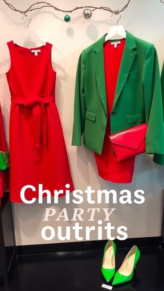 A collection of red and green Christmas party outfits displayed with holiday decorations.